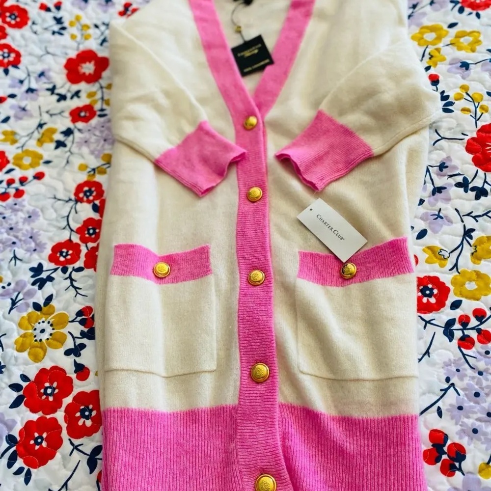 Charter Club White Cardigan with Pink Trim - Picture 2 of 9
